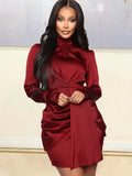 Winter Elegant High Collar Long Sleeve Ruffles Mini