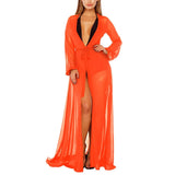 Summer Chiffon Bikini Cover Maxi Dress Kimono Long Sleeve Perspective Sexy Pool Club