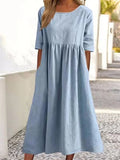 Cotton-Sleeved Short-Sleeved Pocket Folded Loose Round-Neck Dress In Summer