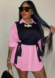 Casual Turn-down Collar Full Sleeves Solid with Black Vest Mini Loose Two Piece Shirt
