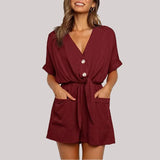 Summer Casual Buttons Jumpsuits 2021 Fashion Solid Pockets Jumpsuit With Belt V-Neck Short Sleeve Female Rompers