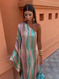 Elegant Printed Diagonal Neck Maxi Dress For Women Sexy Backless Single Flare Sleeve Robe 2024 Summer Lady High Streetwear-Outfit