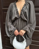 New V-Necked Long-Sleeved Dress Independent Design Bubble Sleeve