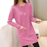 Sping Winter Women Black Sweaters Casual Solid O-Neck Long Sleeve Knit Sweaters Loose Pockets Mid Length Pullover Female