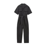 Women Fashion With Belt Front Zipper Jumpsuits Vintage Short Sleeve Side Pockets Female Playsuits Mujer-Outfit
