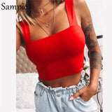 Square Collar White Black Summer Casual Women Crop Tops Short Vest Club Outfits Strap Off Shoulder Tank Tops Camis