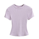 Trend Women's Wear Thread Slim Short-Sleeved T-Shirt Sexy Round Collar Solid Color Shoulder Show Thin Short Navel Blouse-Outfit