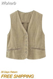 2023 Women Summer Vests Coats Vintage Solid V-Neck Single Breasted Linen Female Elegant Street Waistcoat Vest Clothing-Outfit