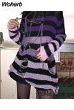 Grunge Striped Knitted Sweater Women Long Pullovers Loose Thin Punk Sweaters Jumpers Mujer Jersey Chic Streetwear 729-1-Outfit