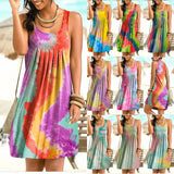 New Fashion O Neck Women's Mini Dress 2021 Casual Loose Tie Dye Print Sleeveless Folds Ladies Vest Beach Dress Plus