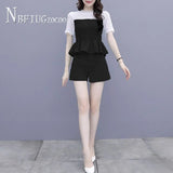 Summer Temperament Women Sets Plus Size Ruffles Blouse And Cute Shorts Female