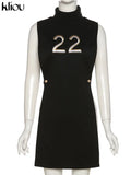 Kliou Fashion Rivet Mini Dress Women Hipster Letter Embroidery Side Split Street Skirt Knitted High Round Neck Cool Girl