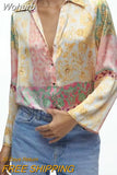 2023 Women Summer Blouses Shirts Tops Fashion Patchwork Print Single Breasted Satin Female Casual Elegant Tops Clothing-Outfit