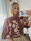 Printed Flower Embroidery Blouse For Women Chic O-neck Puff Sleeves Single Breasted Shirt Summer Female Party Elegant Top-Outfit