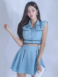 2 Pieces Outfits Women Clothing Temperament Retro Crop Tops Shirt Blouse High Waist Mini Skirt Lady Mujer Slim Short Sets-Outfit