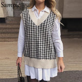 Autumn 2020 Women Y2K Beige Houndstooth Sweater Vest Off Shoulder Pullover Knitted Sleeveless Fall Casual Tops