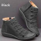 Winter Women Ankle Boots Retro Punk PU Leather Plush Snow Boots Casual Strap Slip-On Waterproof Flat Shoes Short