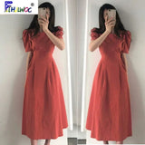 2020 Long Dresses Summer New Design Women Flhjlwoc Korean Japanese Style Cute Bow Tie Cotton Blend Red White Vintage Dress