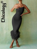 Feather One Shoulder Halter Black Bodycon Sexy Midi Dress Elegant Festival Party Birthday Evening 2022 Women Clothing-Outfit