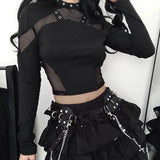 Grid Splicing Long-Sleeved T-Shirt Girl 2025 Hottie Street Sex Hollow INS New Top