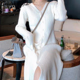 Elegant Woolen Dress Women Winter Autumn 2022 Single-breasted V-neck Sweater Dresses Ladies Chic Runway Knitted
