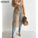 Women Sheer Mesh Long Sleeve Buttoned Coat With Belt 2022 Femme Casual Long Sleeve Elegant Garb Office Lady Outfits y2k-Outfit