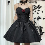 Dark Tie Up Mall Gothic Elegant Women Dresses Grunge Aesthetic Jacquard A-Line Dress Emo Lace Trim Black Party Alt Clothes-Outfit