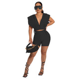 Solid Hooded Zip Tie Two Piece Shorts
