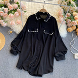 Summer New Chiffon Shirt Female Lapel Bubble Sleeves Loose Show Thin Nail Bead Versatile-Outfit