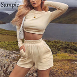 Summer 2020 Women Beige White Set Long Sleeve Top Shirt And Biker Skinny Shorts Casual Two Piece Set Streetwear
