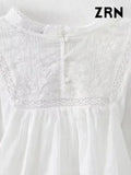 ZRN-Women's Floral Embroidery Blouse With Lace, O Neck, Long Sleeve, Female Shirts, Chic Tops, Fashion-Outfit