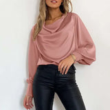 Elegant Satin Blouse 2022 Autumn Women Lantern Sleeve Long Shirts Fashion Cowl Neck Casual Solid Streetwear Tunic