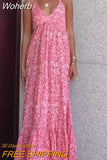 2023 Women Summer Strap Dress Fashion Print Halter Drawstring V-Neck Female Elegant Street Long Dresses Clothing-Outfit