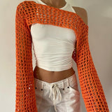 y2k Hollow Out Crop Top Long Sleeve Flared Cover-ups Knitwear 2000s Women Vintage Fairy Grunge Clothes Streetwear-Outfit