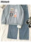2 Piece Set womens outfits cotton Sportswear Casual loose full Sleeve hoodies and denim wide leg pants Two Piece Sets INS 430-0-Outfit