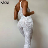 Kliou Flocking Mesh Jumpsuit Inclined Shoulder Leopard Style Patchwork One Piece Clothing Sexy Midnight Clubwear Female