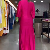 Woherb Summer New Fashion Sexy V-Neck Pleated Solid Color Loose Dress-Outfit