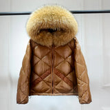 Winter Puffer Jacket Women Hooded 90% Duck Down Coat Short Female Shiny Glossy Feather Parkas Huge Real Raccoon