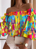 Women Off Shoulder Ruffled Trim shirring Shirt Female Top Summer Casual Long Sleeve Colorful Tighten Waist Blouse