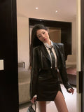 Striped Short Suit Jacket Women Loose Raw Edge Suit 2022 Autumn Suit Black Top Preppy Style Y2k Set Blazer + Skirt 3pc