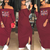 Sexy Slash Neck Ladies Solid Color Letter Printing Long Dress Home Casual Street Loose Large Size Dress-Outfit
