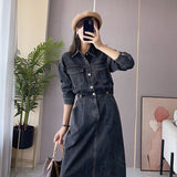 Woherb Shirt Denim Dress Female Summer 2024 New Retro Waist Show Thin Medium Long Denim Skirt-Outfit