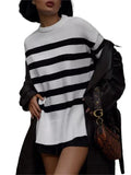 Autumn And Winter Women's Clothing Jacket Loose Round Collar Bump Color Knitted Striped Sweater