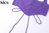Kliou Knitted Two Piece Set Women Skirt Elegant Classy Back Criss Cross Bandage Camisole Top+Ribbons Hollow Out Female