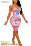 Dollar Print Pink Mini Dress for Women Elegant Halter Lace Up Bodycon Evening Club Party Dresses y2k Clothes Hot Girls-Outfit