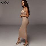 Kliou strap backless sexy bodycon midi long dress new women high waist cotton striped dresses elegant fashion party