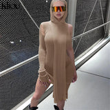 Kliou Knitted Dress Women Sexy See Through X-Long Hoody Tops+One Shoulder Drawstring Ruched Robe Skirt Hipster Future