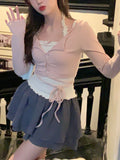 2 Piece Set Woman Pink Long Sleeve Fashion Tops Basic Casual Korean Style Blouse Design Kawaii Clothing 2023 Summer Chic-Outfit