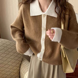 Woherb Fashion Women's Top 2024 Polo Collar Color Long Sleeve Loose Knit Cardigan Coat Tide-Outfit