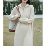 Woherb Lapel Half Zipper Wool Dress 2024 Autumn And Winter New Style With Loose Casual Long Knit Bottom Shirt Women-Outfit